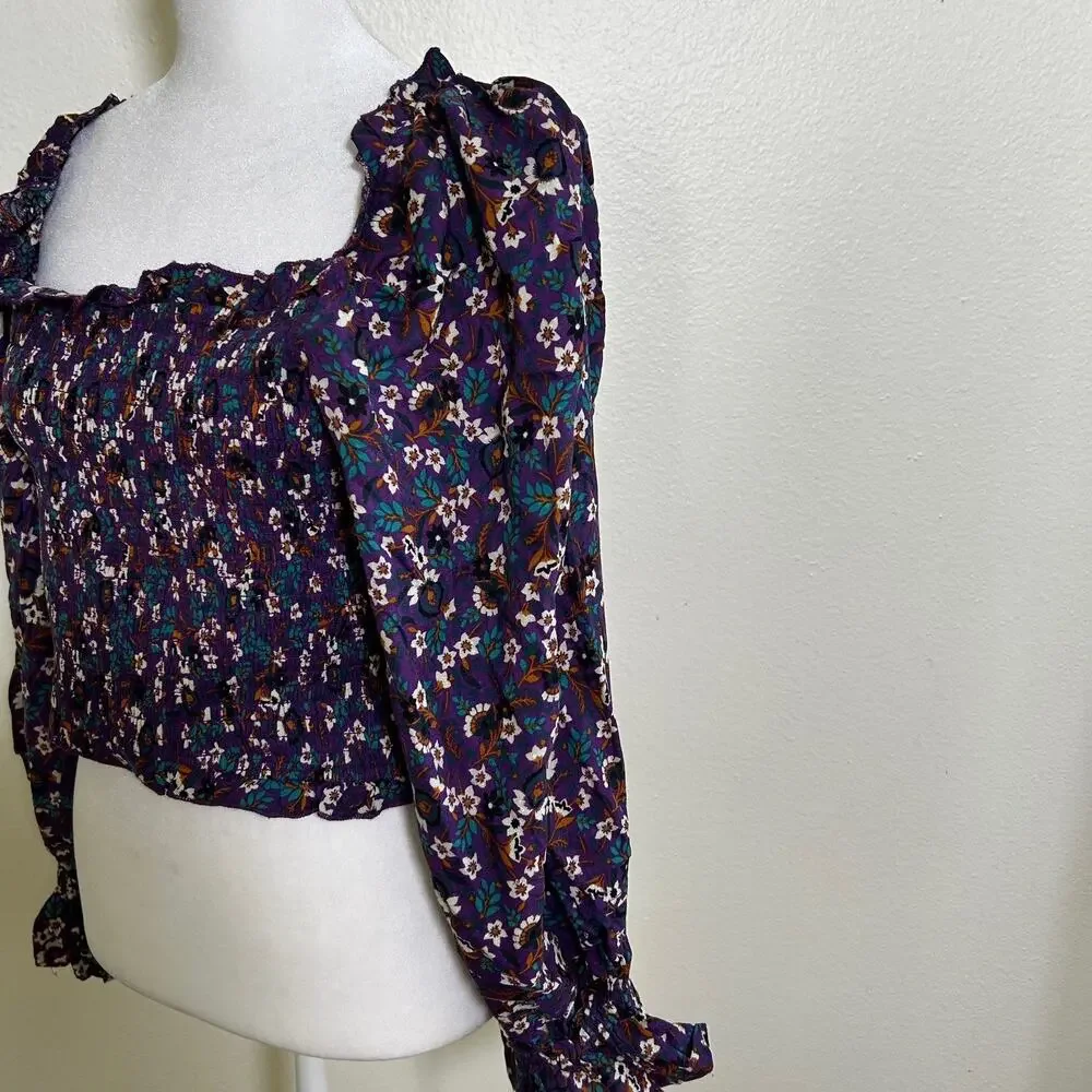 Band of the Free Smocked Floral Crop Top Purple Boho Prairie Festival NWT M